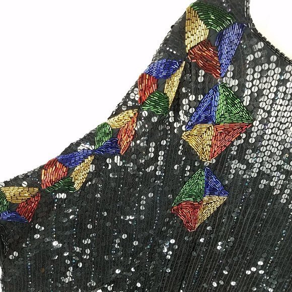 Design Assets Women top black silk lined beaded and sequined VTG 2X‎ - Picture 3 of 8